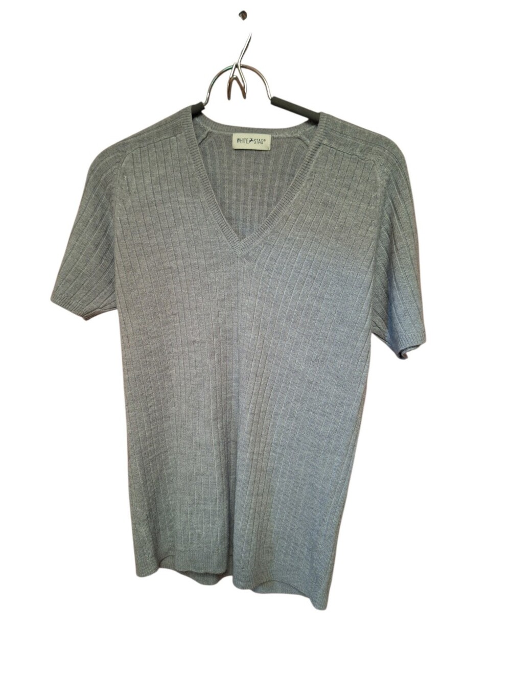 Vintage Gray Ribbed Pullover V-neck Style Short Sleeved Knit Sweater Top Preppy